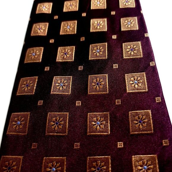 Joseph Abboud Woven Maroon Red Tan Floral Geometric Wide Silk‎ Tie - Picture 2 of 6